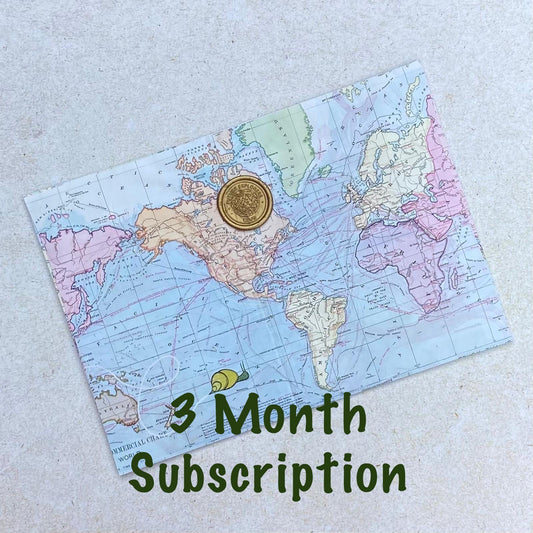 One envelope printed with map design and a gold seal above a heading saying '3 month subscription'