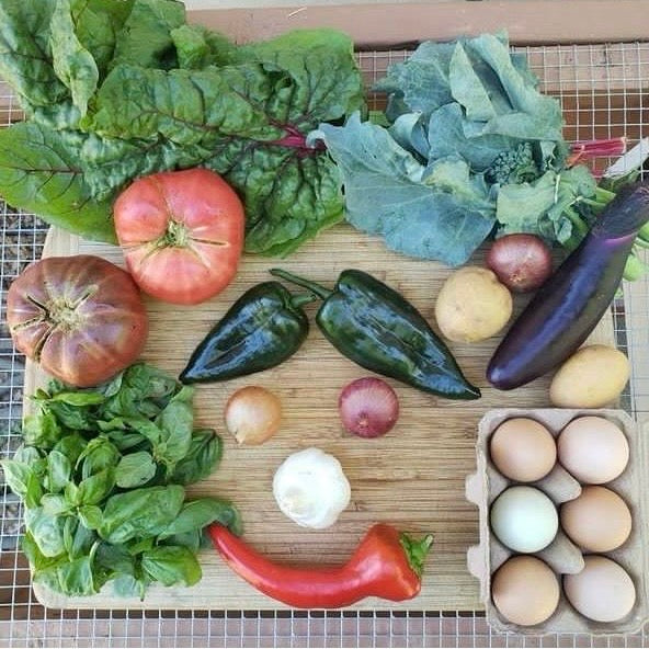 Vegetables and eggs laid out in the shape of a smiling face.