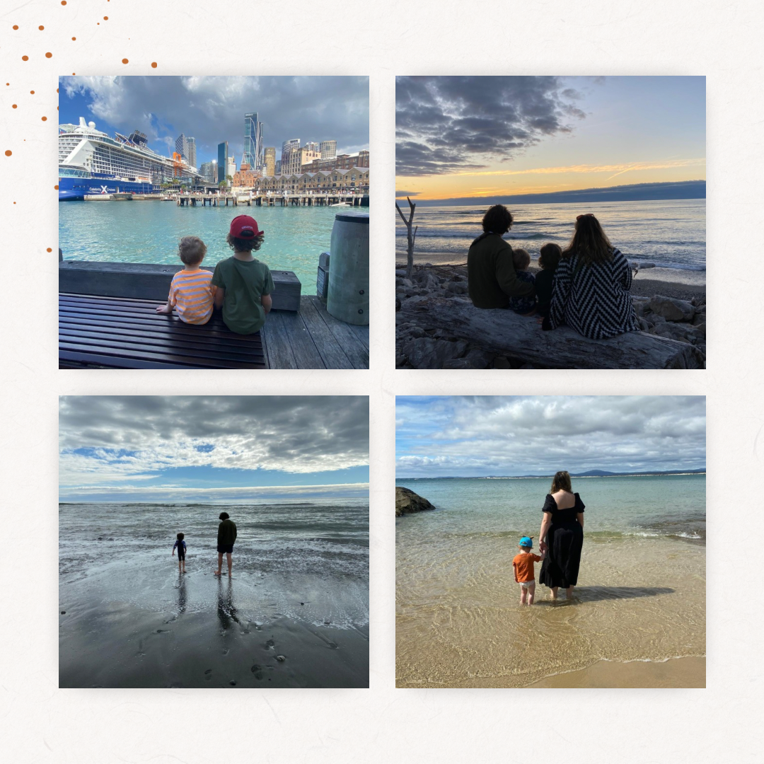 Mother father and two young boys at the beach.