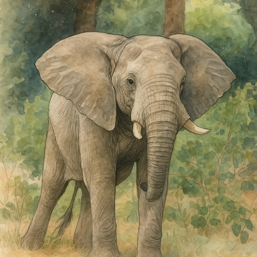 Illustration of an elephant standing in a forest with trees and foliage.
