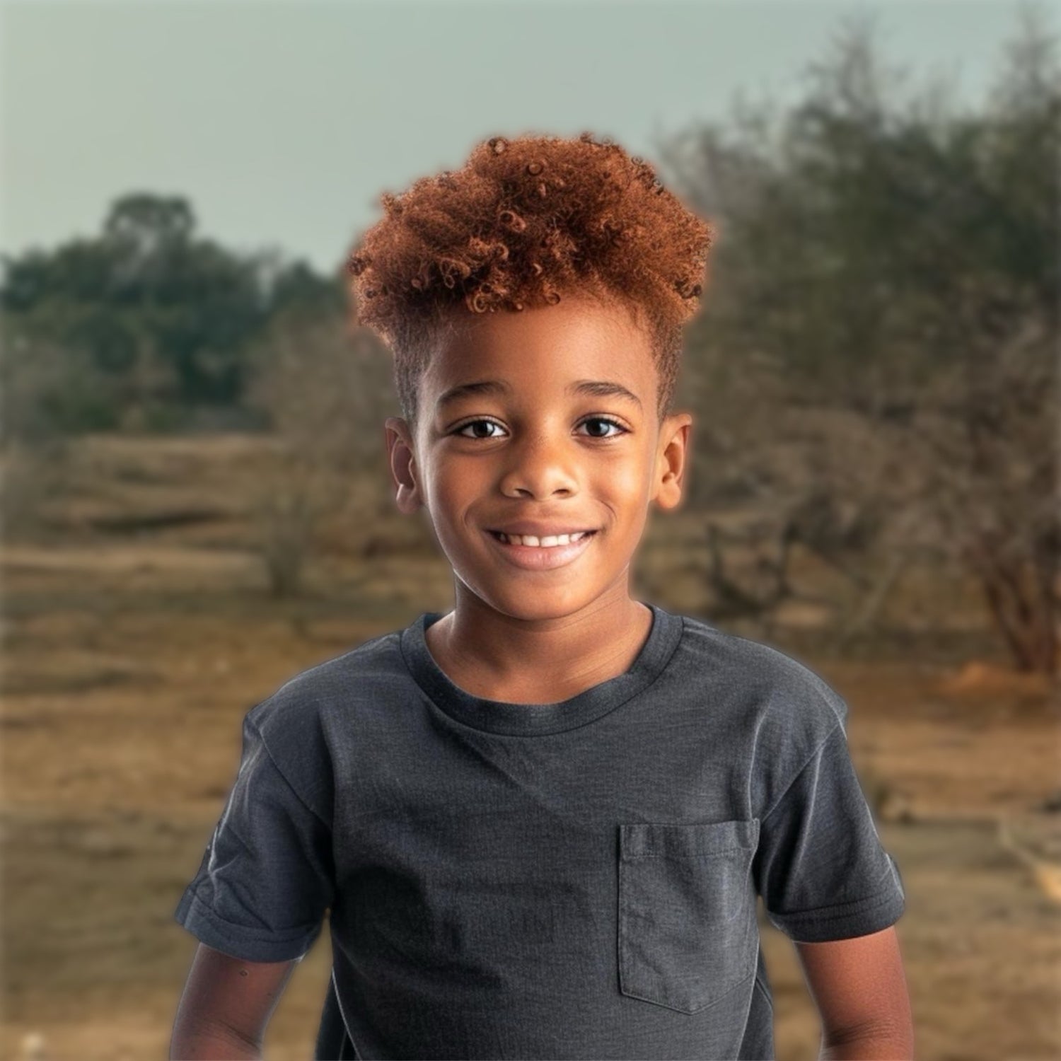 Smiling boy aged 9 against a scrubland background