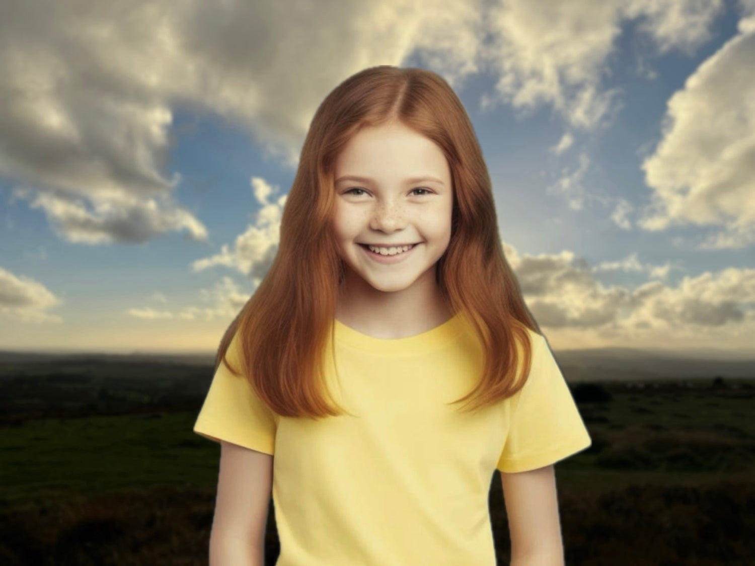 Smiling girl aged 8 with ginger hair against a sunset background. 