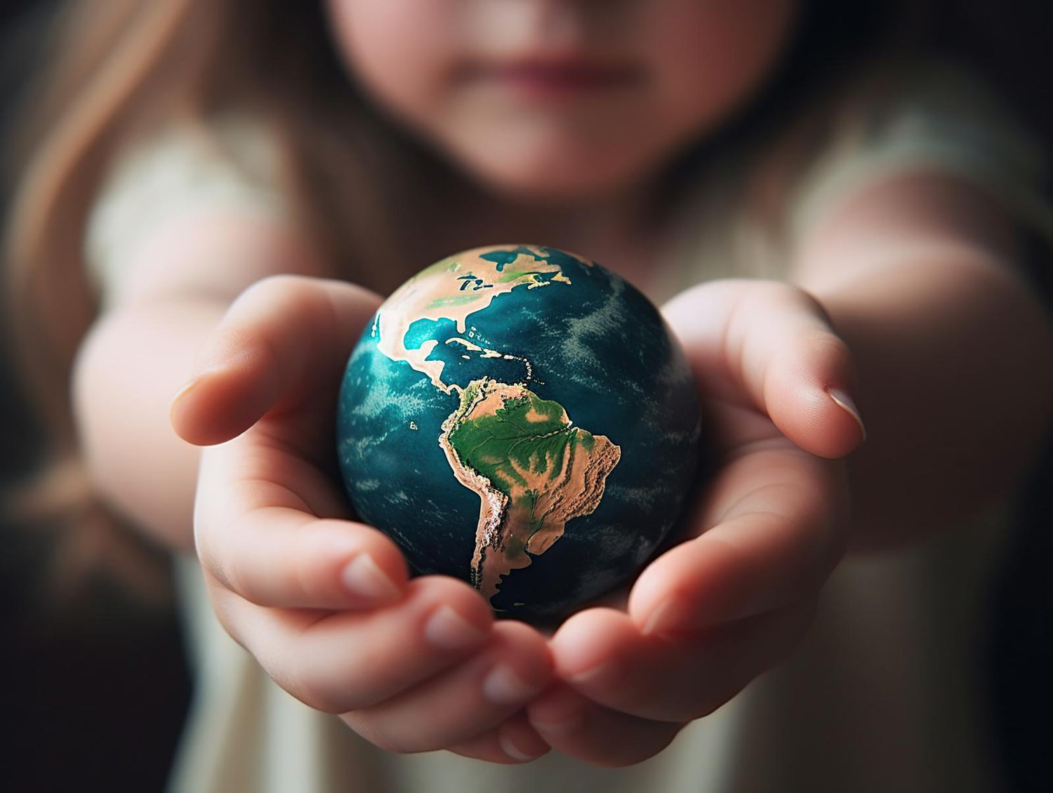 Girl holding a small world globe in her outstretched hands, AI. 