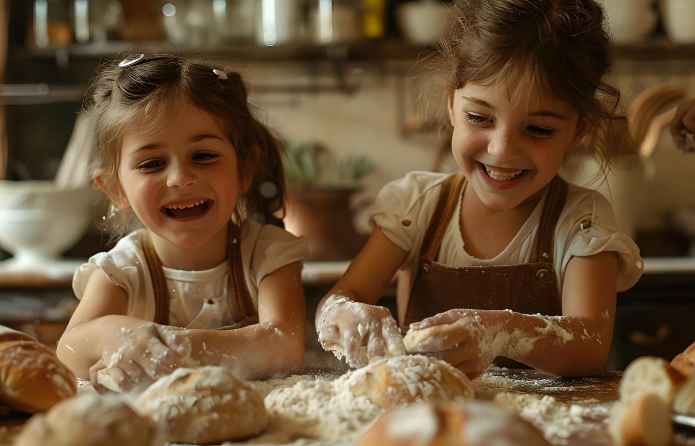 Two young girls aged 5 and 7 laughing as they knead bread dough