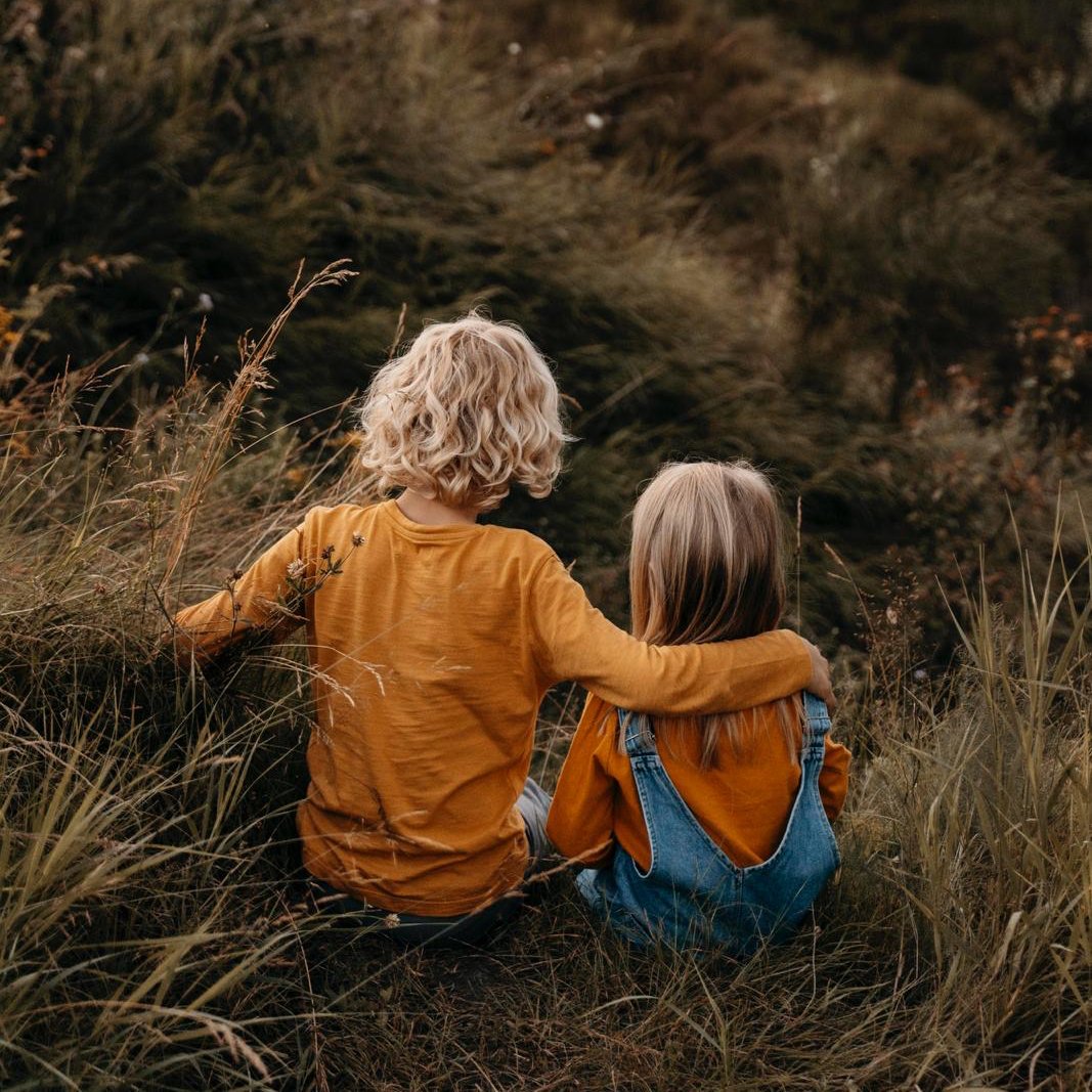 Boy aged 6, girl aged 4 sitting on a hill top looking at the view