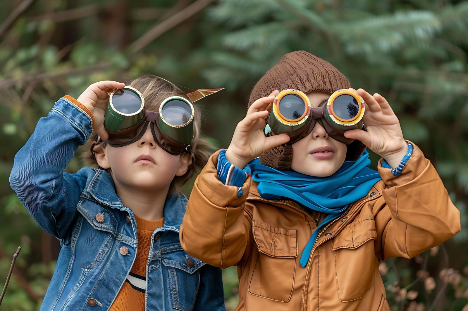 Two children aged 5 and 7 looking through binoculars towards the camera 